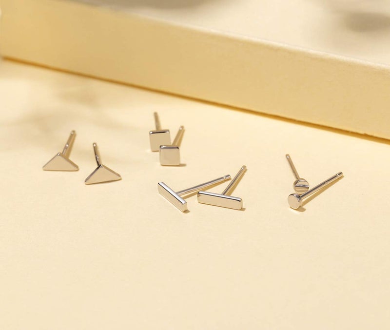 EPIRORA Sterling Silver Stud Earrings for Women Men- 4 Pairs of Hypoallergenic Simple Geometric Small Stud Earring Set Tiny Circle Triangle Square Bar Stud Earrings Mini Cartilage Tragus Earrings(Sliver) - Image 3